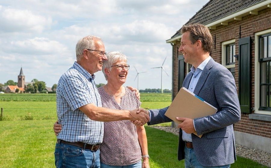 mr. Ikiz schudt een echtpaar de hand voor hun boerderij, windmolens op de achtergrond