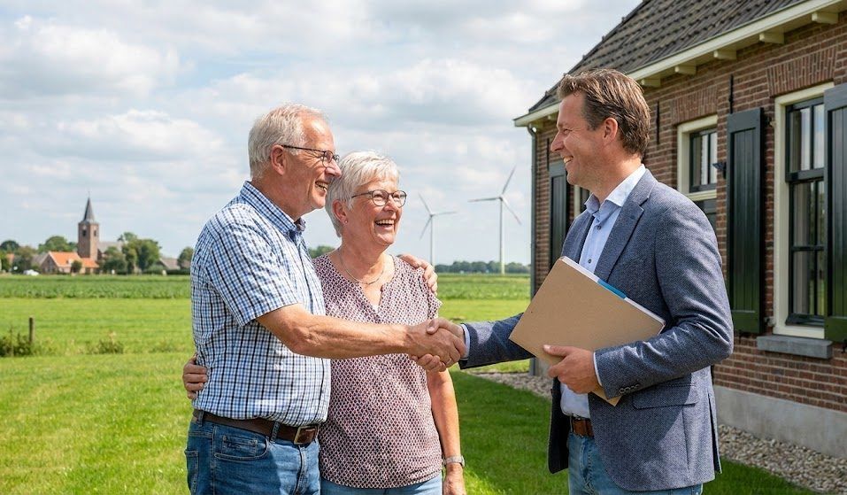 mr. Ikiz schudt een echtpaar de hand voor hun boerderij, windmolens op de achtergrond